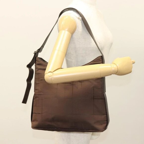 Salvatore Ferragamo Shoulder Bag Nylon Leather Brown Silver Auth - Picture 1 of 16